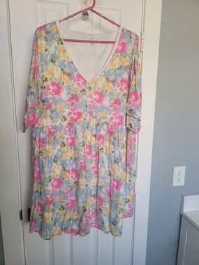 Floral V-Neck Midi Dress in Pink, Yellow & Blue